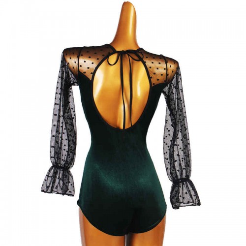 Women girls dark green velvet latin ballroom bodysuits top with polka dot mesh long sleeves tango waltz dance jumpsuits